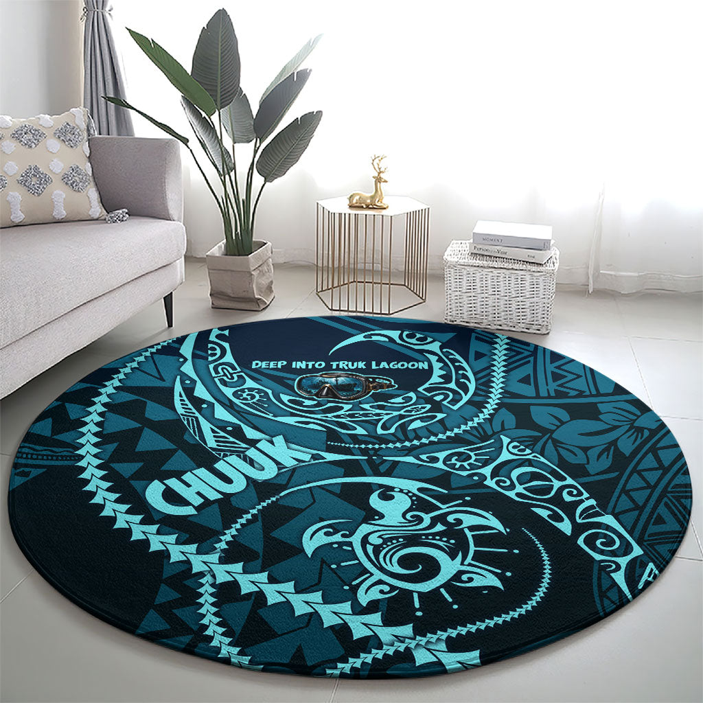 Chuuk Deep Into Truk Lagoon Round Carpet Polynesian Tribal Pattern Wreck Diving Teal Ship Art