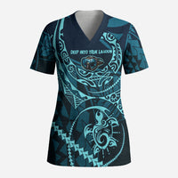 Chuuk Deep Into Truk Lagoon Scrub Top Polynesian Tribal Pattern Wreck Diving Teal Ship Art