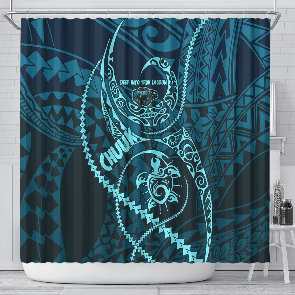 Chuuk Deep Into Truk Lagoon Shower Curtain Polynesian Tribal Pattern Wreck Diving Teal Ship Art