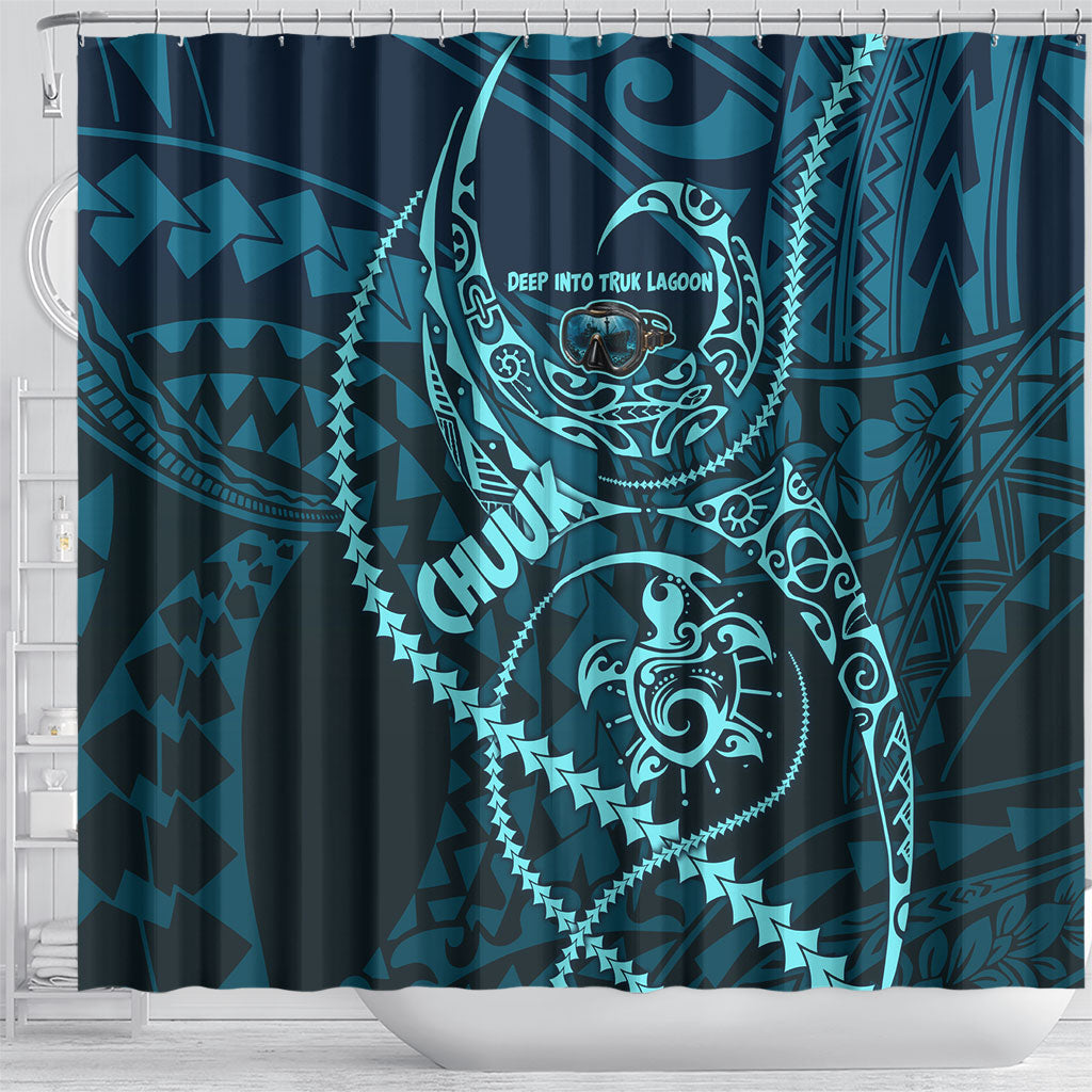 Chuuk Deep Into Truk Lagoon Shower Curtain Polynesian Tribal Pattern Wreck Diving Teal Ship Art