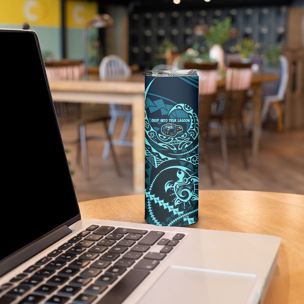 Chuuk Deep Into Truk Lagoon Skinny Tumbler Polynesian Tribal Pattern Wreck Diving Teal Ship Art
