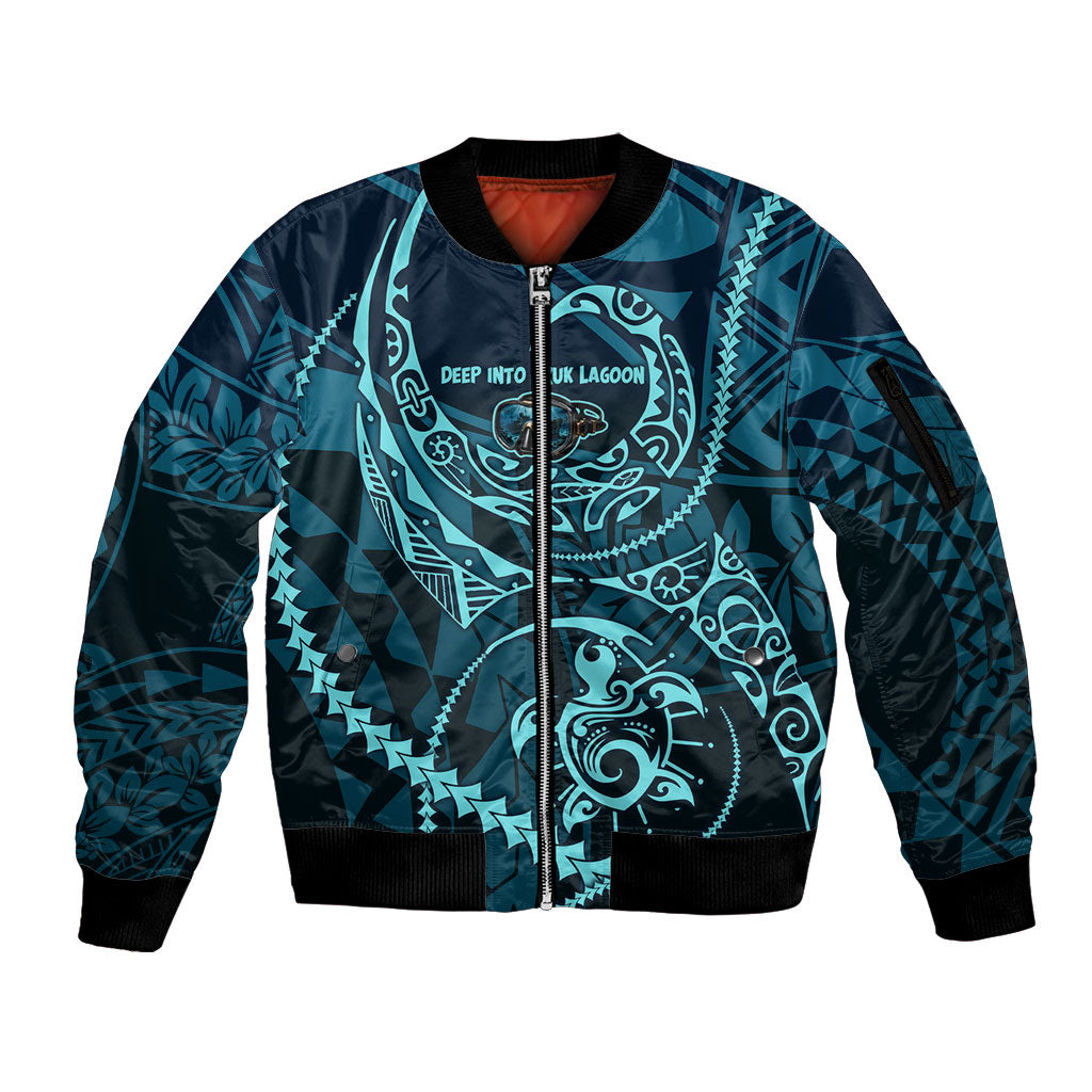 Chuuk Deep Into Truk Lagoon Sleeve Zip Bomber Jacket Polynesian Tribal Pattern Wreck Diving Teal Ship Art TS04 Unisex Blue Black - Polynesian Pride