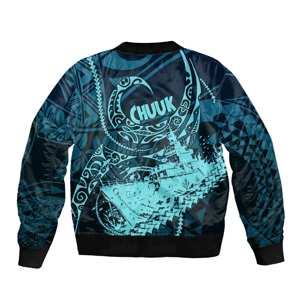 Chuuk Deep Into Truk Lagoon Sleeve Zip Bomber Jacket Polynesian Tribal Pattern Wreck Diving Teal Ship Art