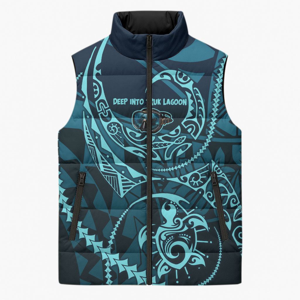 Chuuk Deep Into Truk Lagoon Sleeveless Puffer Jacket Polynesian Tribal Pattern Wreck Diving Teal Ship Art