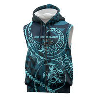 Chuuk Deep Into Truk Lagoon Sleeveless Zip Hoodie Polynesian Tribal Pattern Wreck Diving Teal Ship Art