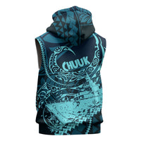 Chuuk Deep Into Truk Lagoon Sleeveless Zip Hoodie Polynesian Tribal Pattern Wreck Diving Teal Ship Art