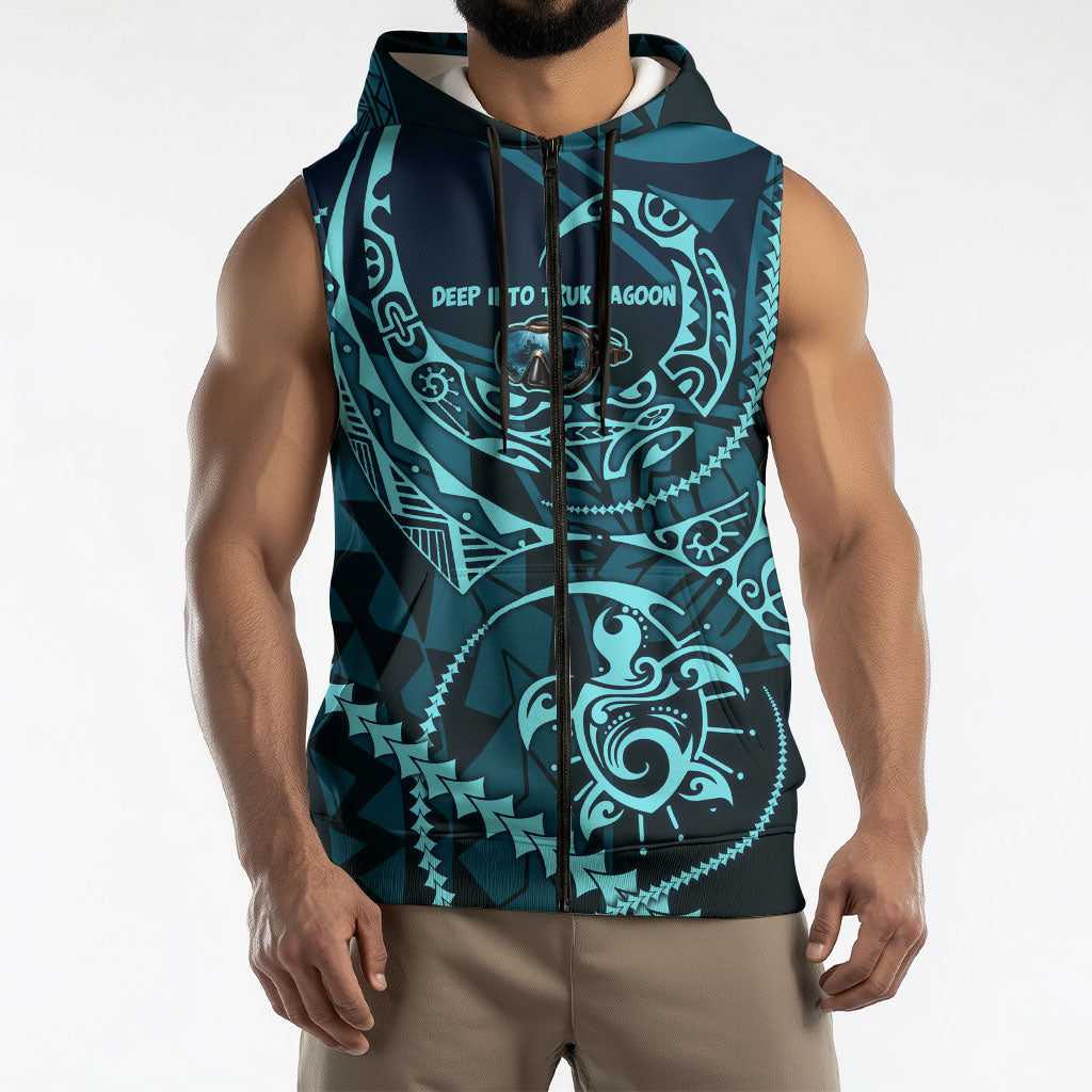 Chuuk Deep Into Truk Lagoon Sleeveless Zip Hoodie Polynesian Tribal Pattern Wreck Diving Teal Ship Art