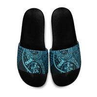 Chuuk Deep Into Truk Lagoon Slide Sandals Polynesian Tribal Pattern Wreck Diving Teal Ship Art