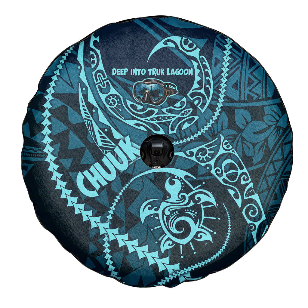 Chuuk Deep Into Truk Lagoon Spare Tire Cover Polynesian Tribal Pattern Wreck Diving Teal Ship Art