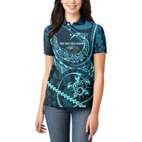 Chuuk Deep Into Truk Lagoon Women Polo Shirt Polynesian Tribal Pattern Wreck Diving Teal Ship Art