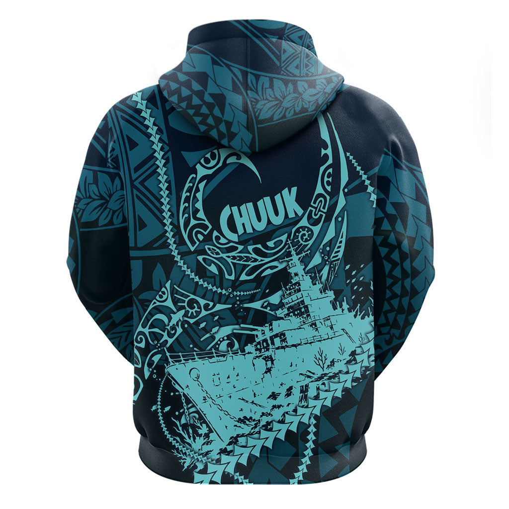 Chuuk Deep Into Truk Lagoon Zip Hoodie Polynesian Tribal Pattern Wreck Diving Teal Ship Art