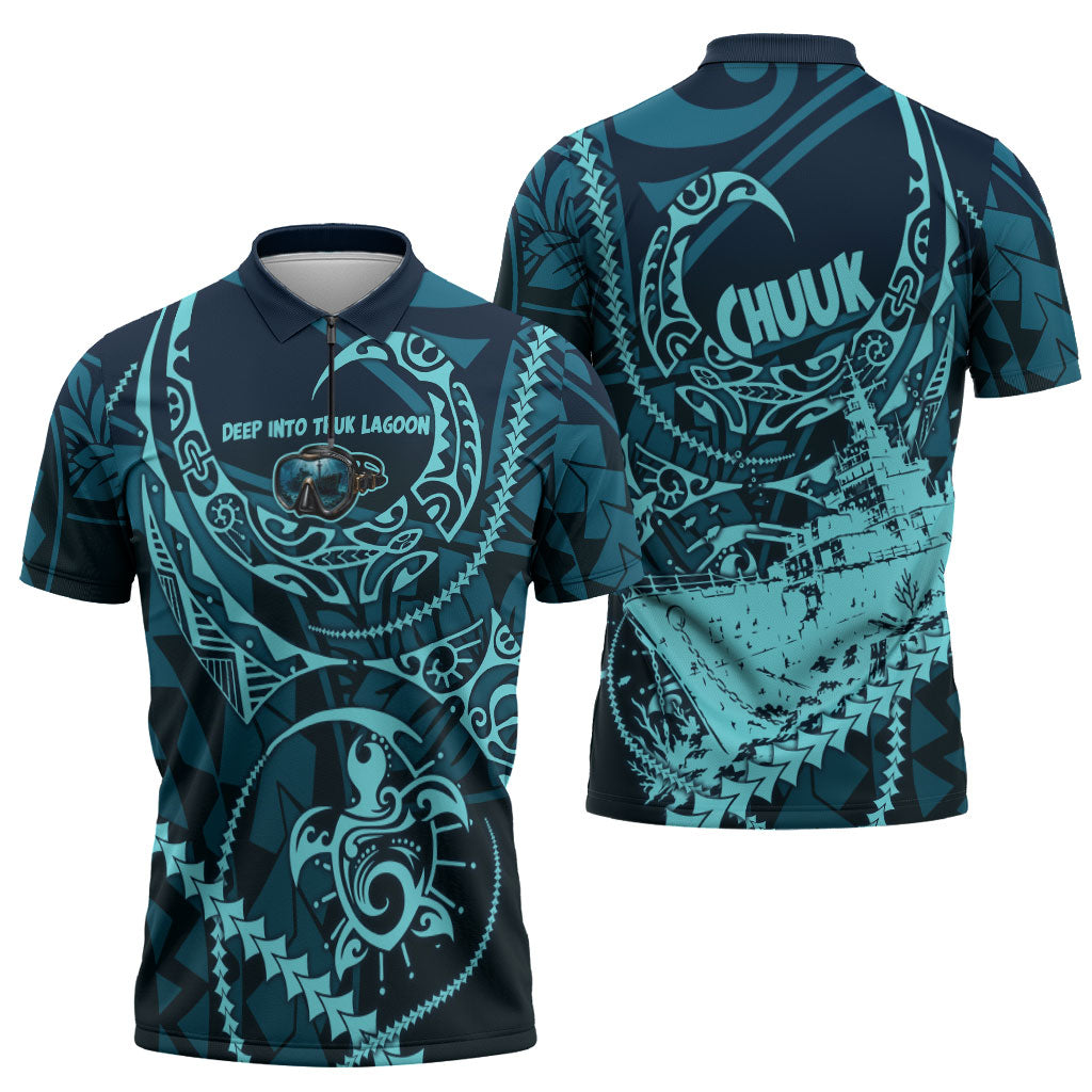Chuuk Deep Into Truk Lagoon Zipper Polo Shirt Polynesian Tribal Pattern Wreck Diving Teal Ship Art