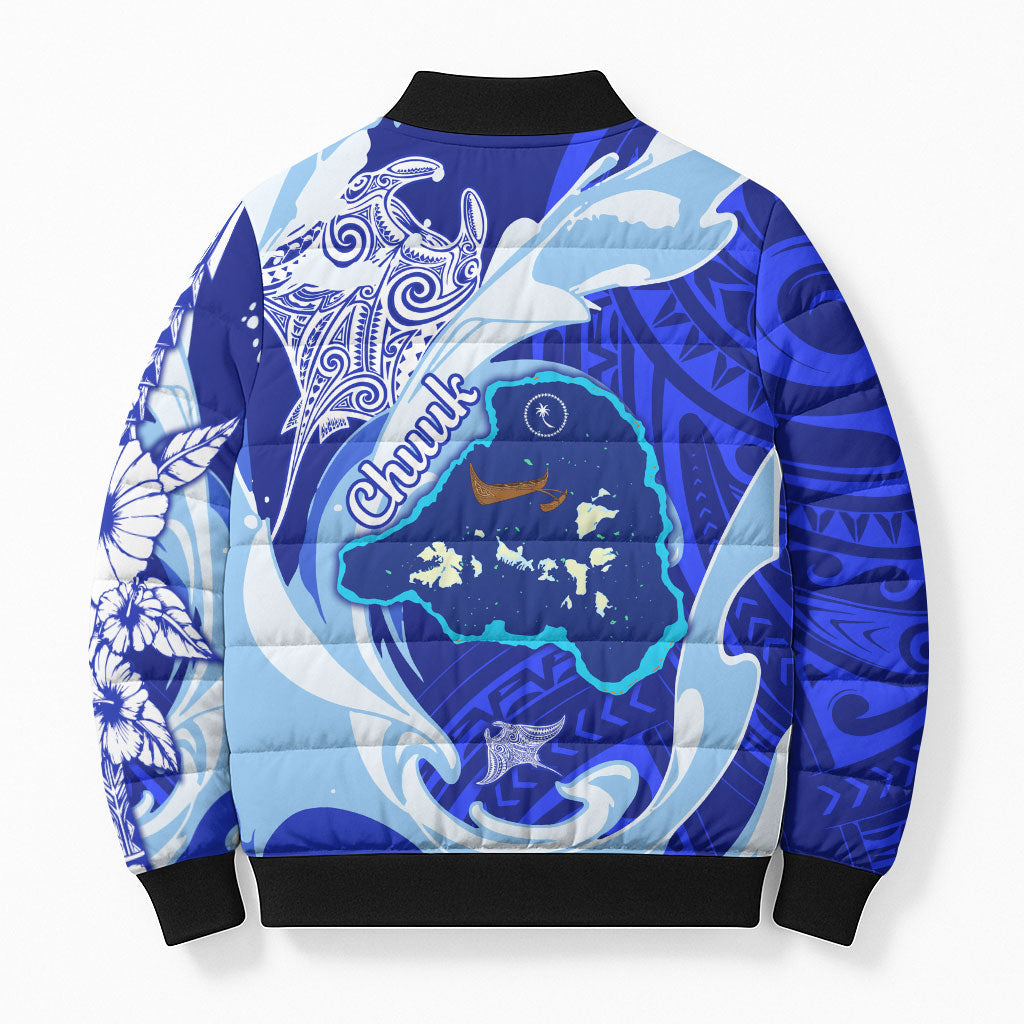 Chuuk Micronesian Roots Bomber Puffer Jacket Polynesian Tribal Pattern Hibiscus Flower And Stingray Art