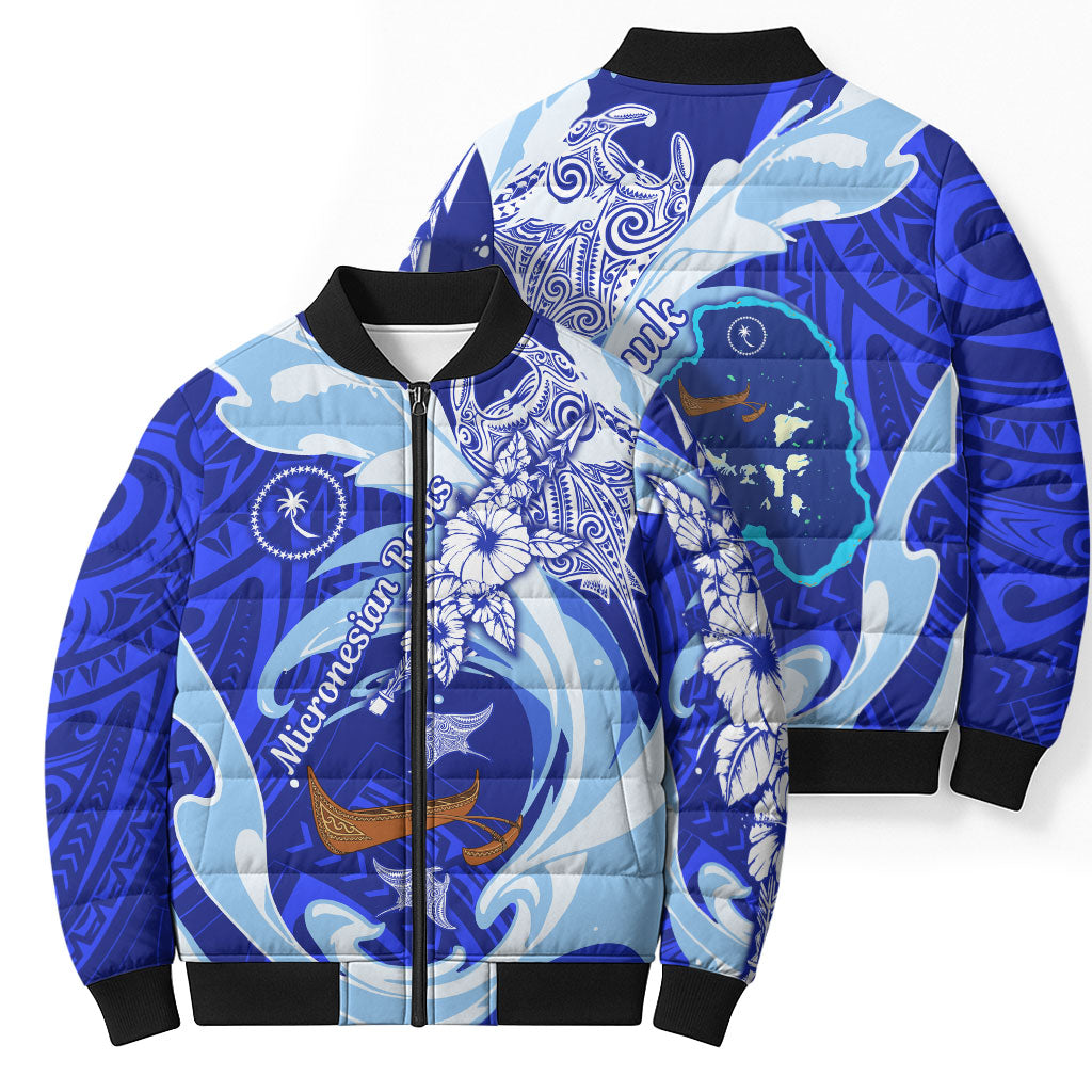 Chuuk Micronesian Roots Bomber Puffer Jacket Polynesian Tribal Pattern Hibiscus Flower And Stingray Art