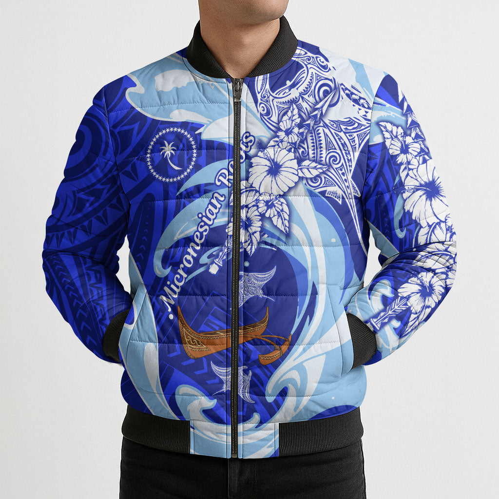 Chuuk Micronesian Roots Bomber Puffer Jacket Polynesian Tribal Pattern Hibiscus Flower And Stingray Art