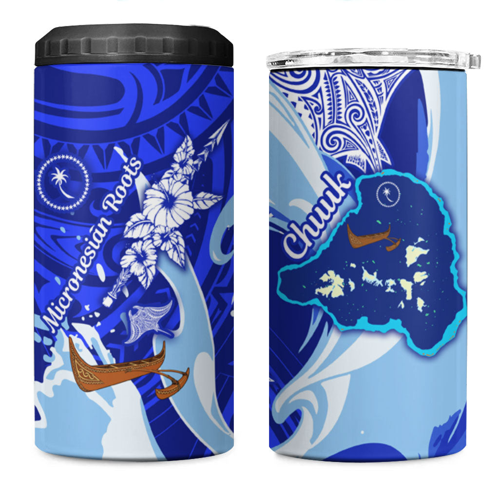 Chuuk Micronesian Roots 4 in 1 Can Cooler Tumbler Polynesian Tribal Pattern Hibiscus Flower And Stingray Art