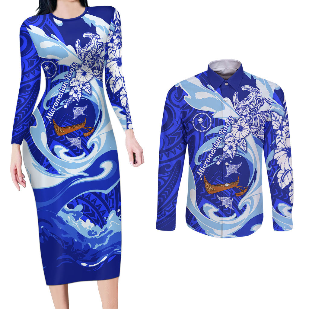 Chuuk Micronesian Roots Couples Matching Long Sleeve Bodycon Dress and Long Sleeve Button Shirt Polynesian Tribal Pattern Hibiscus Flower And Stingray Art TS04 Blue White - Polynesian Pride