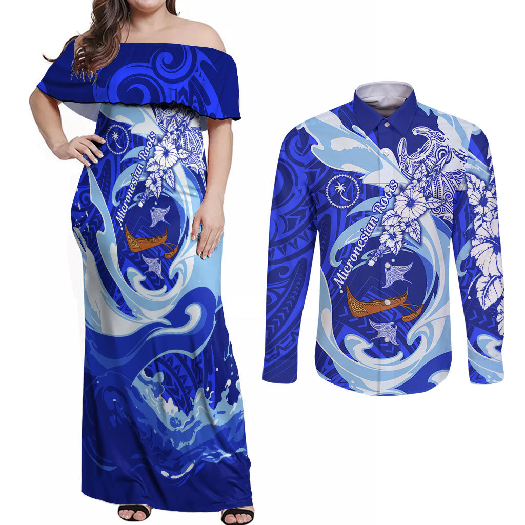 Chuuk Micronesian Roots Couples Matching Off Shoulder Maxi Dress and Long Sleeve Button Shirt Polynesian Tribal Pattern Hibiscus Flower And Stingray Art TS04 Blue White - Polynesian Pride