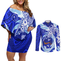 Chuuk Micronesian Roots Couples Matching Off Shoulder Short Dress and Long Sleeve Button Shirt Polynesian Tribal Pattern Hibiscus Flower And Stingray Art