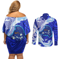 Chuuk Micronesian Roots Couples Matching Off Shoulder Short Dress and Long Sleeve Button Shirt Polynesian Tribal Pattern Hibiscus Flower And Stingray Art