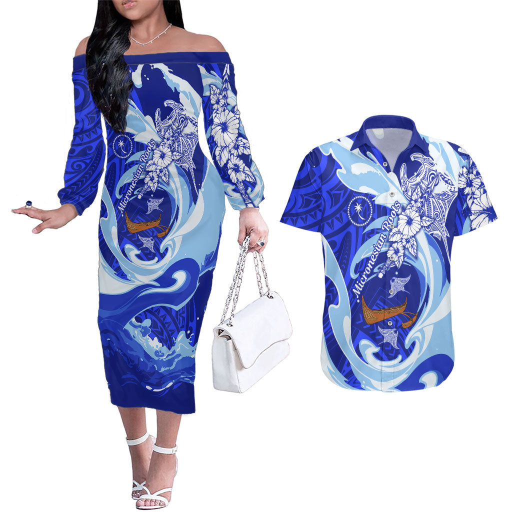 Chuuk Micronesian Roots Couples Matching Off The Shoulder Long Sleeve Dress and Hawaiian Shirt Polynesian Tribal Pattern Hibiscus Flower And Stingray Art