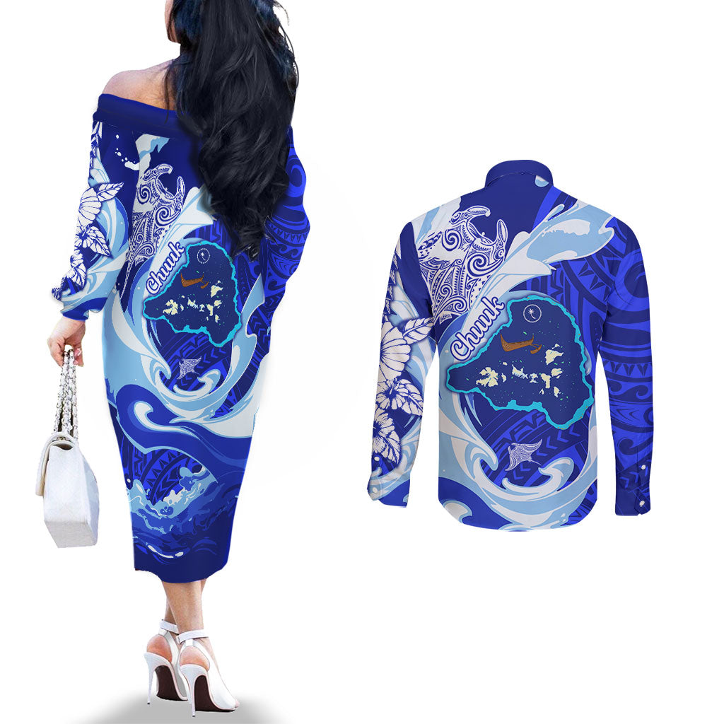 Chuuk Micronesian Roots Couples Matching Off The Shoulder Long Sleeve Dress and Long Sleeve Button Shirt Polynesian Tribal Pattern Hibiscus Flower And Stingray Art