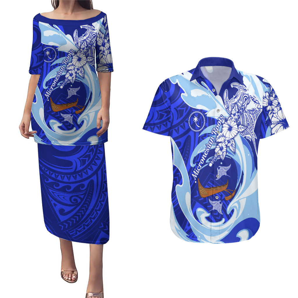 Chuuk Micronesian Roots Couples Matching Puletasi and Hawaiian Shirt Polynesian Tribal Pattern Hibiscus Flower And Stingray Art