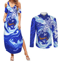 Chuuk Micronesian Roots Couples Matching Summer Maxi Dress and Long Sleeve Button Shirt Polynesian Tribal Pattern Hibiscus Flower And Stingray Art