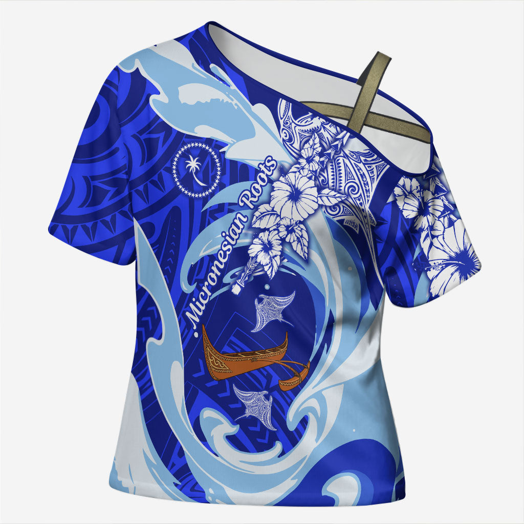 Chuuk Micronesian Roots Cross Shoulder Shirt Polynesian Tribal Pattern Hibiscus Flower And Stingray Art