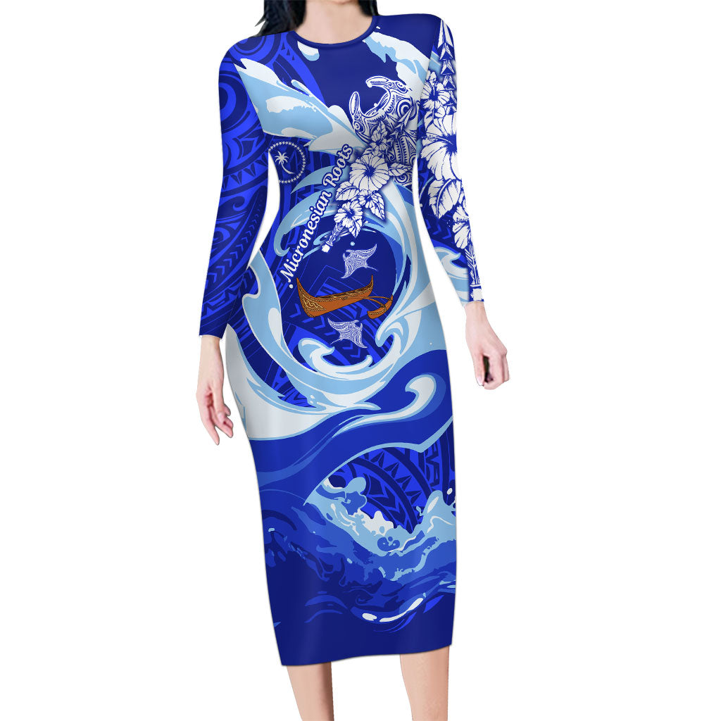 Chuuk Micronesian Roots Family Matching Long Sleeve Bodycon Dress and Hawaiian Shirt Polynesian Tribal Pattern Hibiscus Flower And Stingray Art