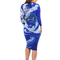Chuuk Micronesian Roots Family Matching Long Sleeve Bodycon Dress and Hawaiian Shirt Polynesian Tribal Pattern Hibiscus Flower And Stingray Art
