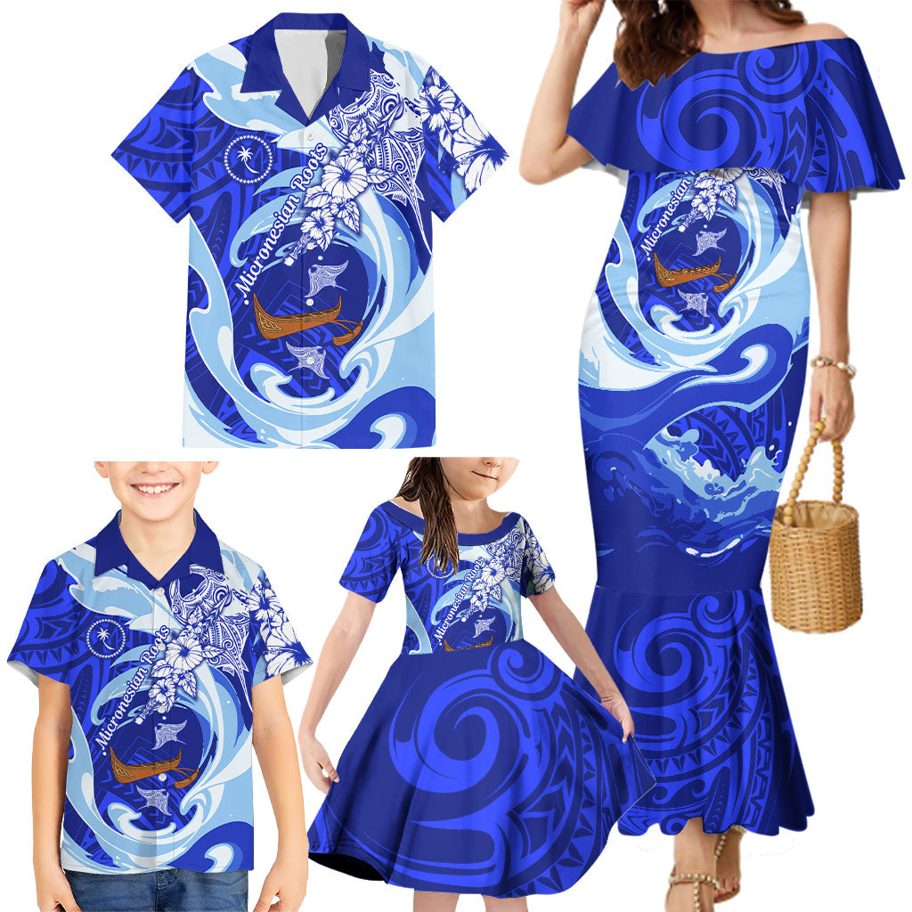 Chuuk Micronesian Roots Family Matching Mermaid Dress and Hawaiian Shirt Polynesian Tribal Pattern Hibiscus Flower And Stingray Art