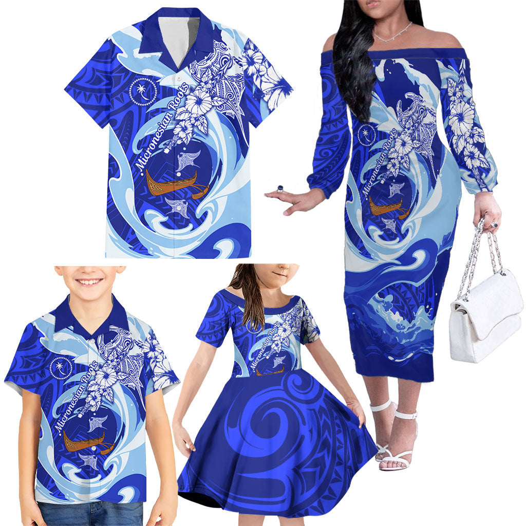 Chuuk Micronesian Roots Family Matching Off The Shoulder Long Sleeve Dress and Hawaiian Shirt Polynesian Tribal Pattern Hibiscus Flower And Stingray Art