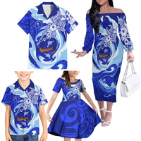Chuuk Micronesian Roots Family Matching Off The Shoulder Long Sleeve Dress and Hawaiian Shirt Polynesian Tribal Pattern Hibiscus Flower And Stingray Art