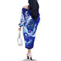Chuuk Micronesian Roots Family Matching Off The Shoulder Long Sleeve Dress and Hawaiian Shirt Polynesian Tribal Pattern Hibiscus Flower And Stingray Art