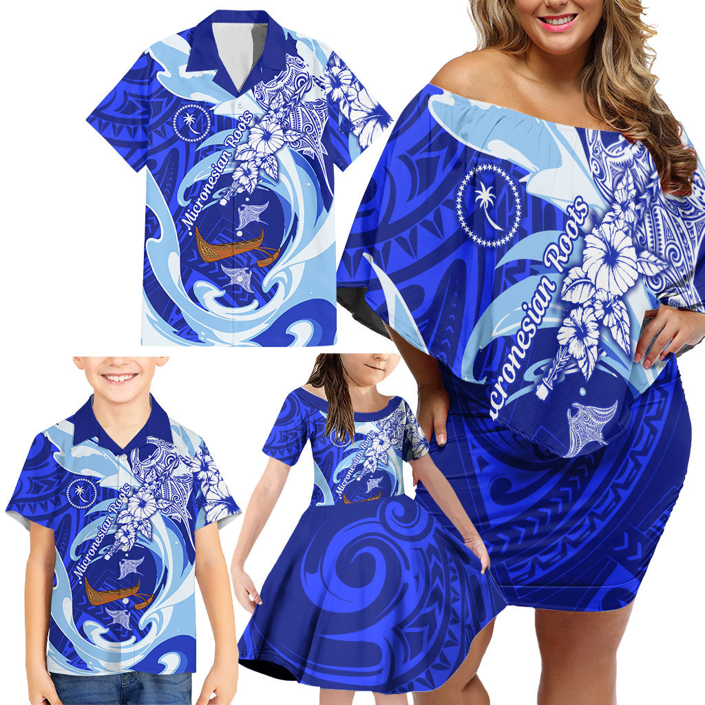 Chuuk Micronesian Roots Family Matching Off Shoulder Short Dress and Hawaiian Shirt Polynesian Tribal Pattern Hibiscus Flower And Stingray Art