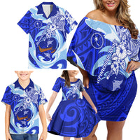 Chuuk Micronesian Roots Family Matching Off Shoulder Short Dress and Hawaiian Shirt Polynesian Tribal Pattern Hibiscus Flower And Stingray Art