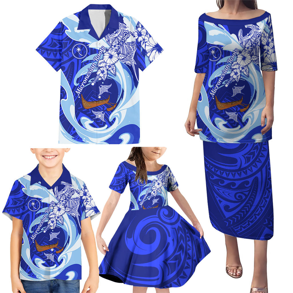 Chuuk Micronesian Roots Family Matching Puletasi and Hawaiian Shirt Polynesian Tribal Pattern Hibiscus Flower And Stingray Art