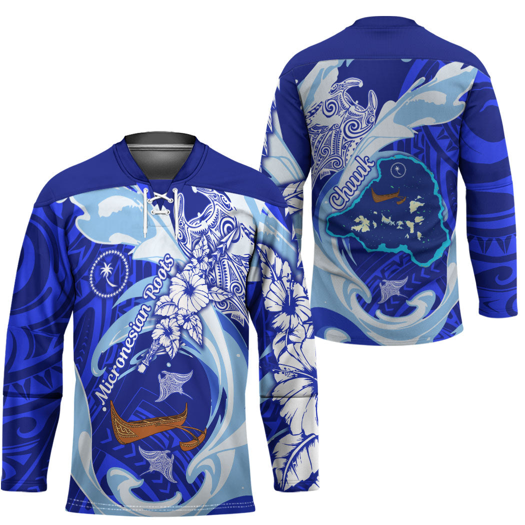 Chuuk Micronesian Roots Hockey Jersey Polynesian Tribal Pattern Hibiscus Flower And Stingray Art