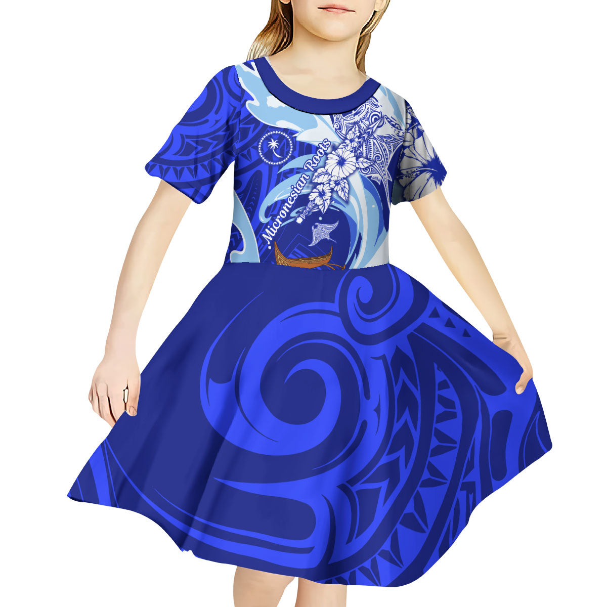 Chuuk Micronesian Roots Kid Short Sleeve Dress Polynesian Tribal Pattern Hibiscus Flower And Stingray Art