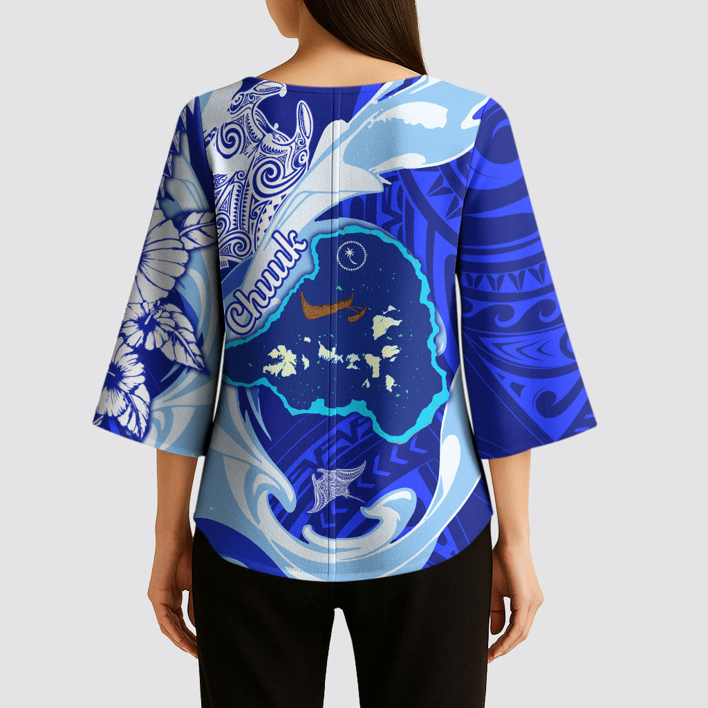Chuuk Micronesian Roots Kimono Sleeve Blouse Polynesian Tribal Pattern Hibiscus Flower And Stingray Art