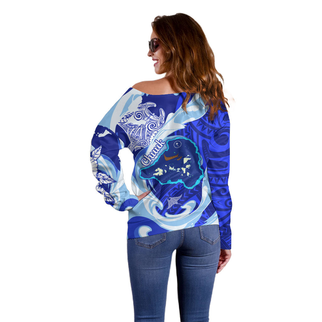 Chuuk Micronesian Roots Off Shoulder Sweater Polynesian Tribal Pattern Hibiscus Flower And Stingray Art