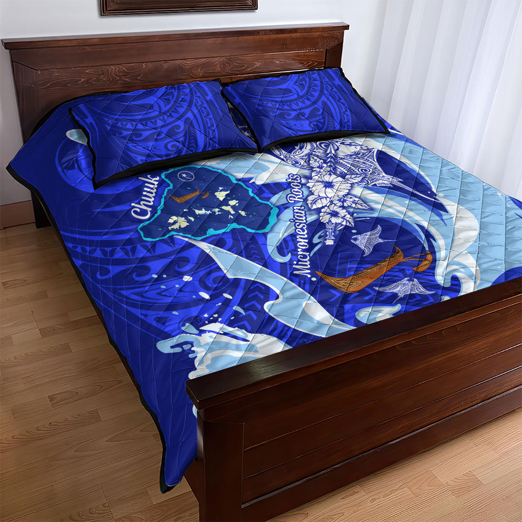 Chuuk Micronesian Roots Quilt Bed Set Polynesian Tribal Pattern Hibiscus Flower And Stingray Art
