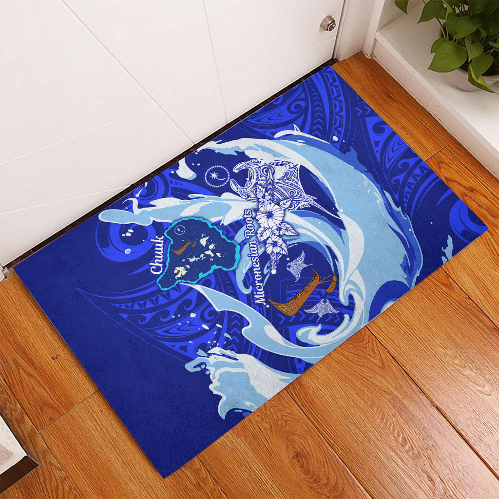 Chuuk Micronesian Roots Rubber Doormat Polynesian Tribal Pattern Hibiscus Flower And Stingray Art