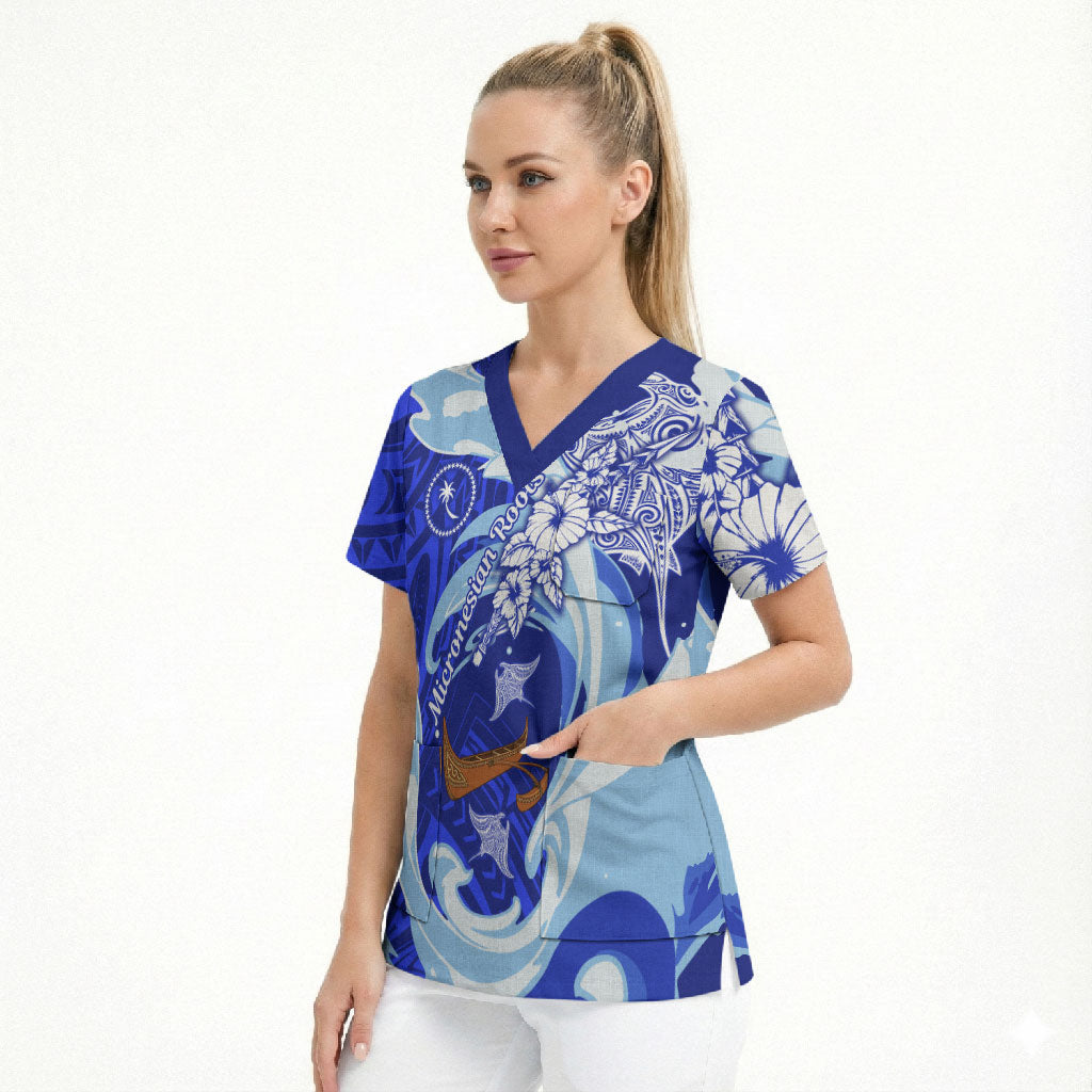 Chuuk Micronesian Roots Scrub Top Polynesian Tribal Pattern Hibiscus Flower And Stingray Art