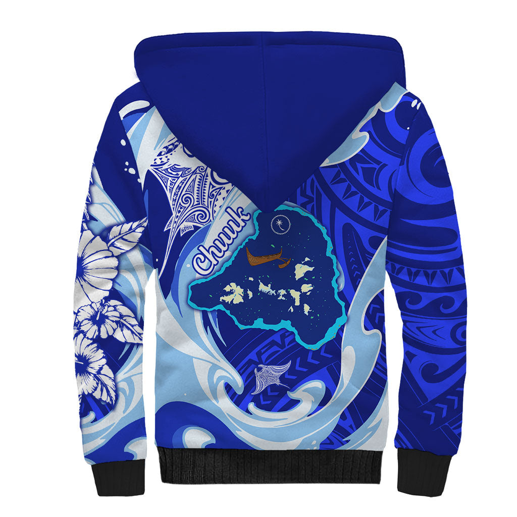 Chuuk Micronesian Roots Sherpa Hoodie Polynesian Tribal Pattern Hibiscus Flower And Stingray Art