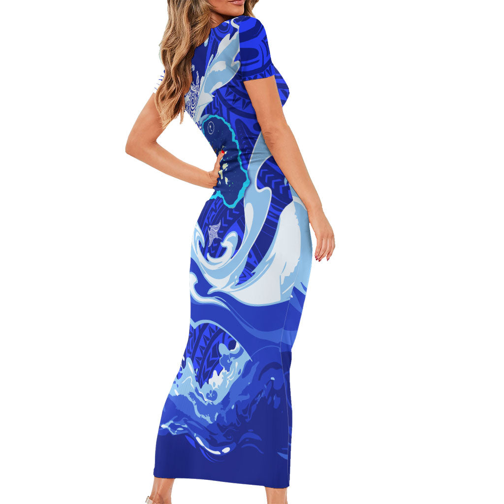 Chuuk Micronesian Roots Short Sleeve Bodycon Dress Polynesian Tribal Pattern Hibiscus Flower And Stingray Art