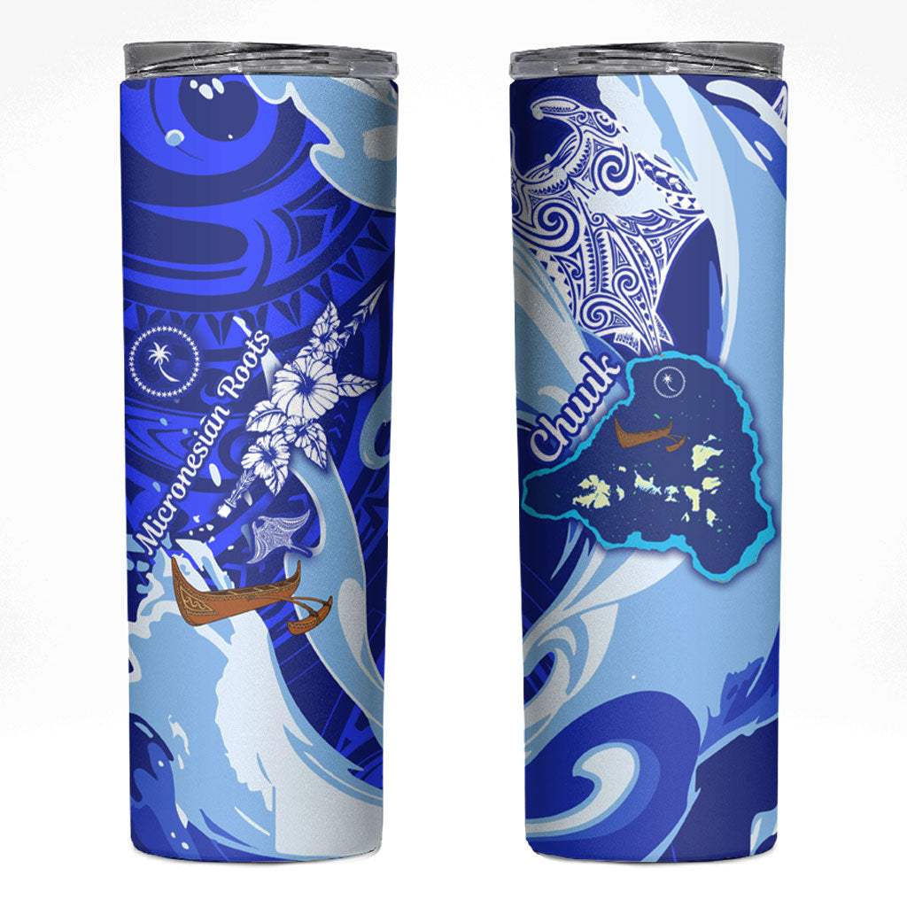 Chuuk Micronesian Roots Skinny Tumbler Polynesian Tribal Pattern Hibiscus Flower And Stingray Art TS04 Blue White - Polynesian Pride
