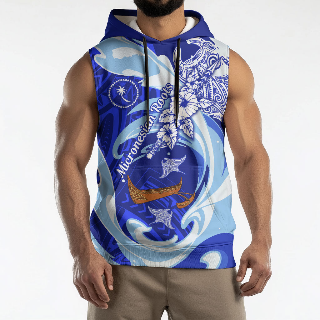 Chuuk Micronesian Roots Sleeveless Hoodie Polynesian Tribal Pattern Hibiscus Flower And Stingray Art