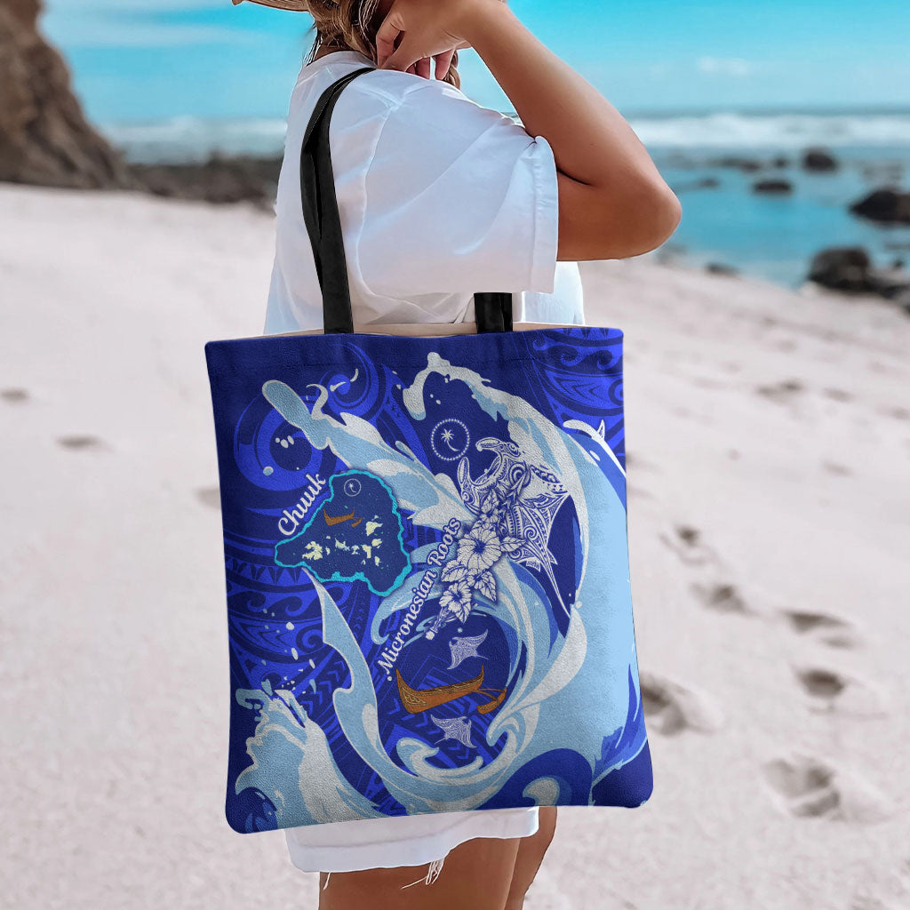 Chuuk Micronesian Roots Tote Bag Polynesian Tribal Pattern Hibiscus Flower And Stingray Art